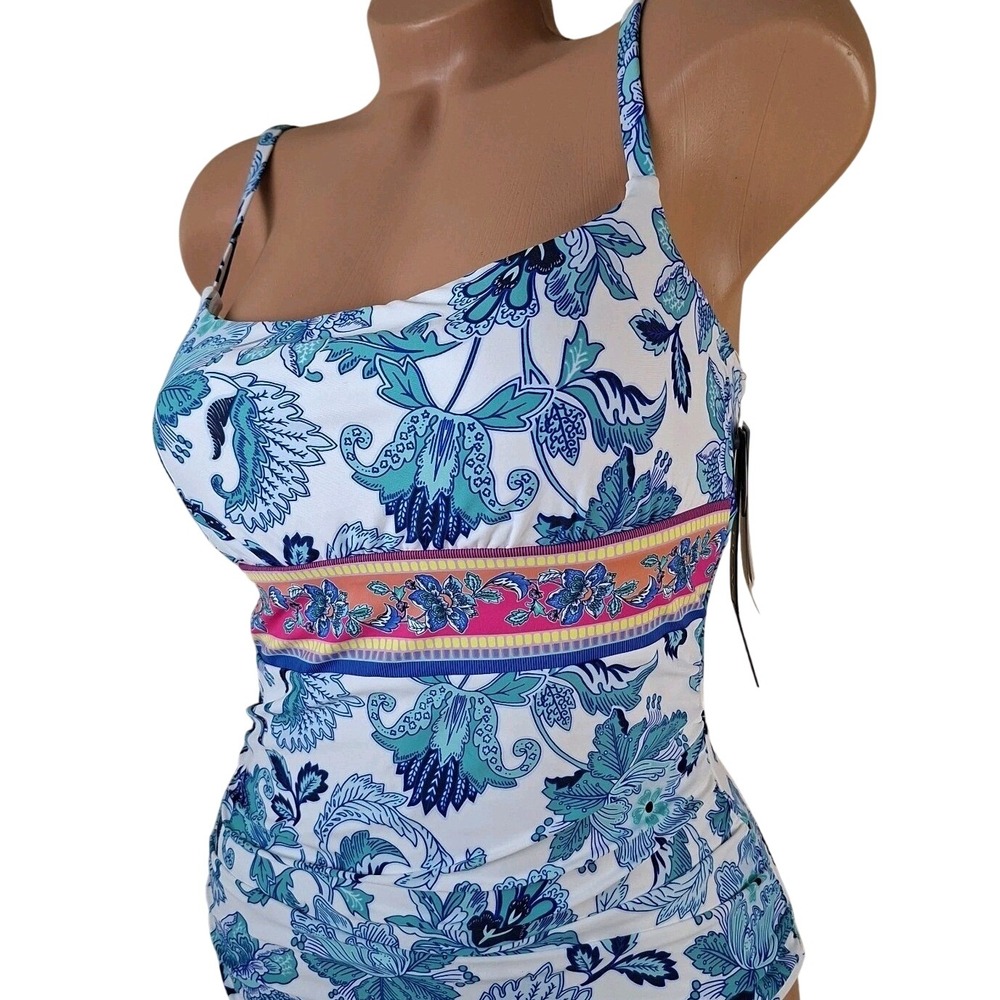 La Blanca Santorini NEW Swim Tankini Top M, New Blue White Tropical Size 8 NWT